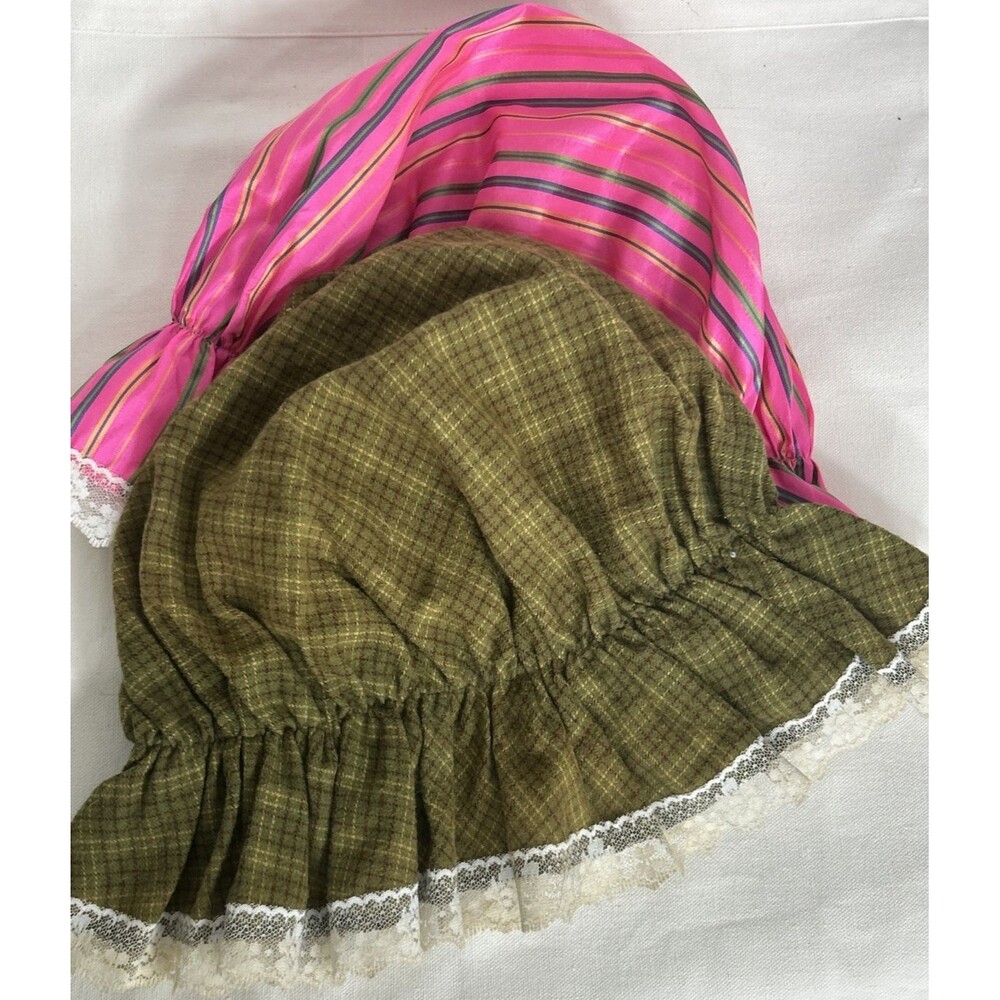 Bonnet Hat Ruffle lace Costume Green Plaid & pink stripe Eva Couture lot of 2